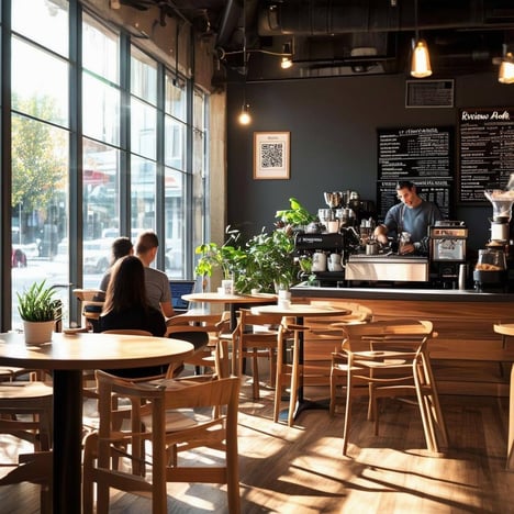 The image features a modern, inviting café interior with wooden tables and chairs arranged neatly-2